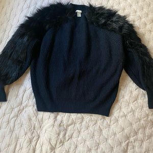HM Navy Blue Sweater with Black Faux Fur, Size M